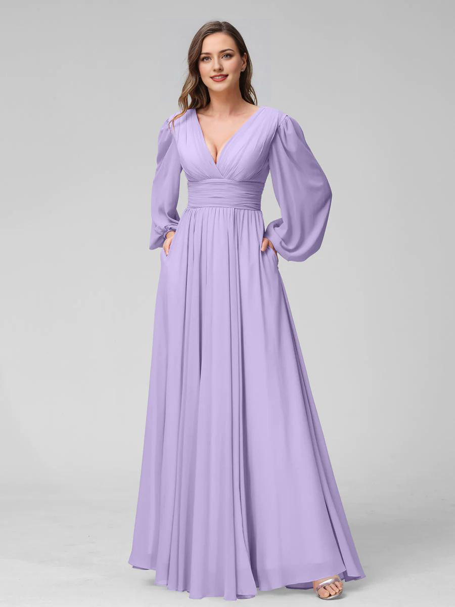 A-Line V-Neck Long Sleeves Chiffon Wedding Dress