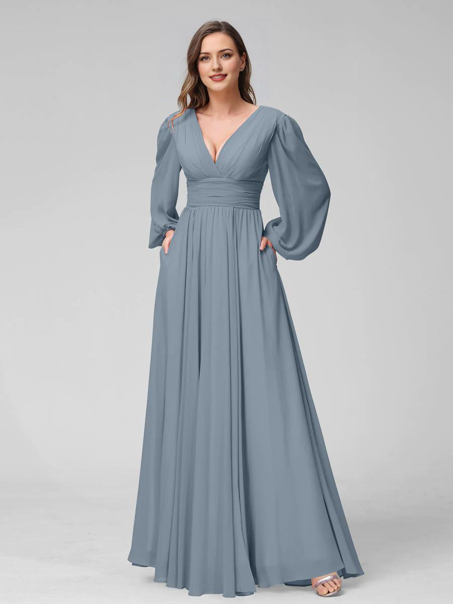 A-Line V-Neck Long Sleeves Chiffon Wedding Dress