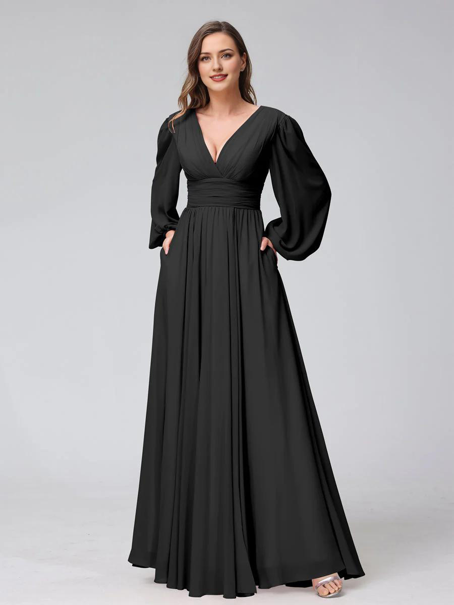 A-Line V-Neck Long Sleeves Chiffon Wedding Dress