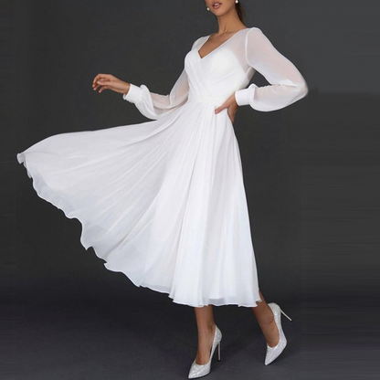 Chiffon V Neck Long Sleeves A-Line Wedding Dress