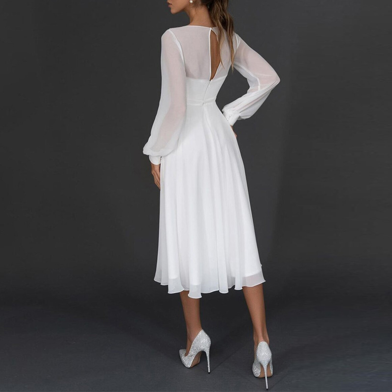 Chiffon V Neck Long Sleeves A-Line Wedding Dress