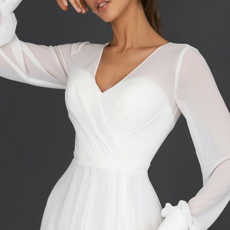 Chiffon V Neck Long Sleeves A-Line Wedding Dress