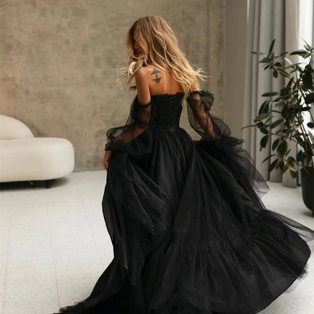 Black Off-The-Shoulder Corset Princess Long Sleeves Wedding Dress