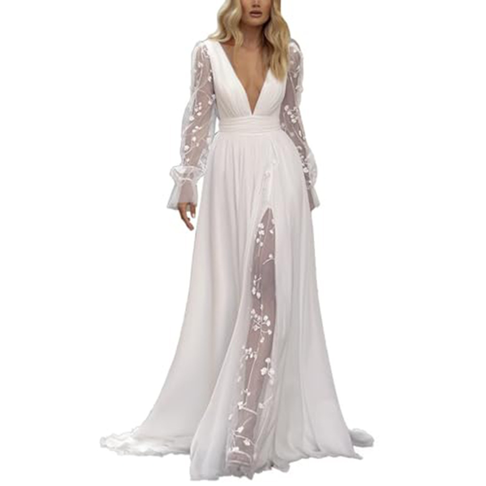 A-Line V-Neck Sheer Lace Sleeves Wedding Dress