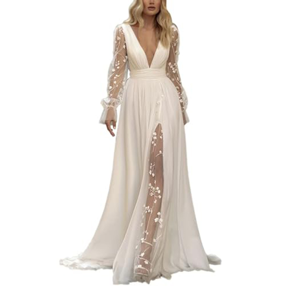 A-Line V-Neck Sheer Lace Sleeves Wedding Dress