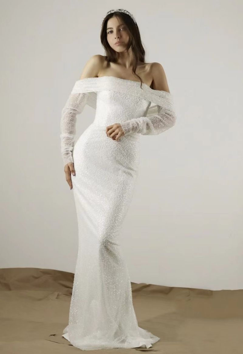 White Sequined Off-The-Shoulder Long Sleeves Wedding Dress