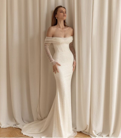 White Sequined Off-The-Shoulder Long Sleeves Wedding Dress