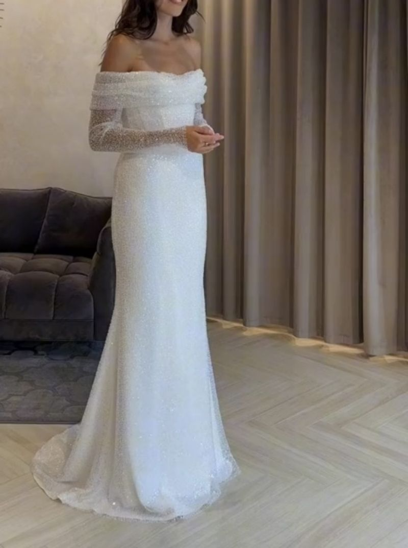 White Sequined Off-The-Shoulder Long Sleeves Wedding Dress