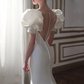 Mermaid Elegant Half Sleeves Court Train Satin Wedding Dress