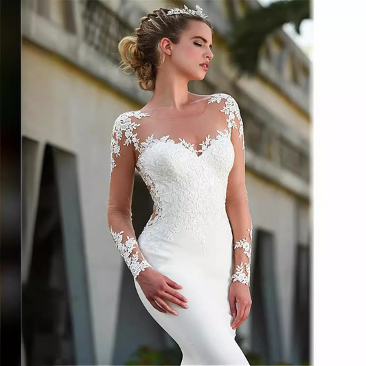 White Lace Long Sleeves Mermaid Wedding Dress