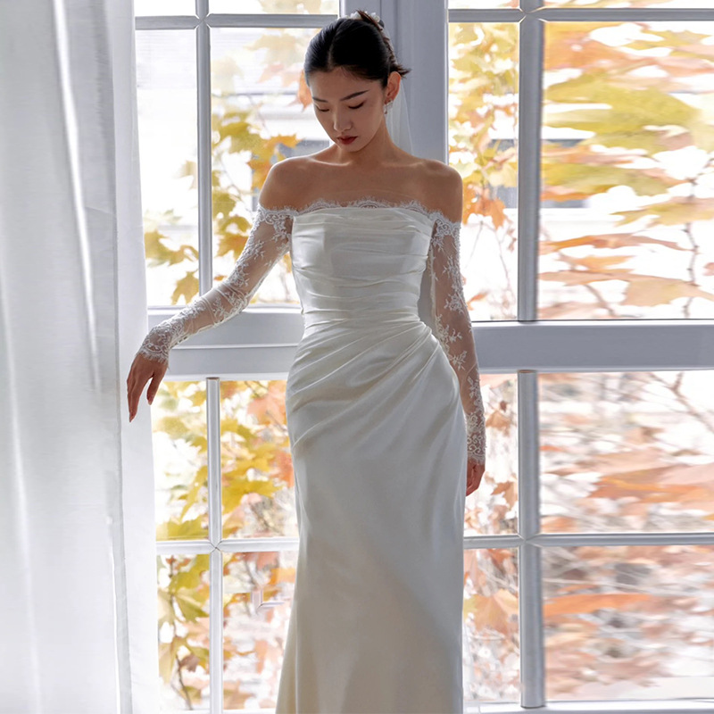 White Satin Off-Shoulder Long Sleeves Wedding Dress