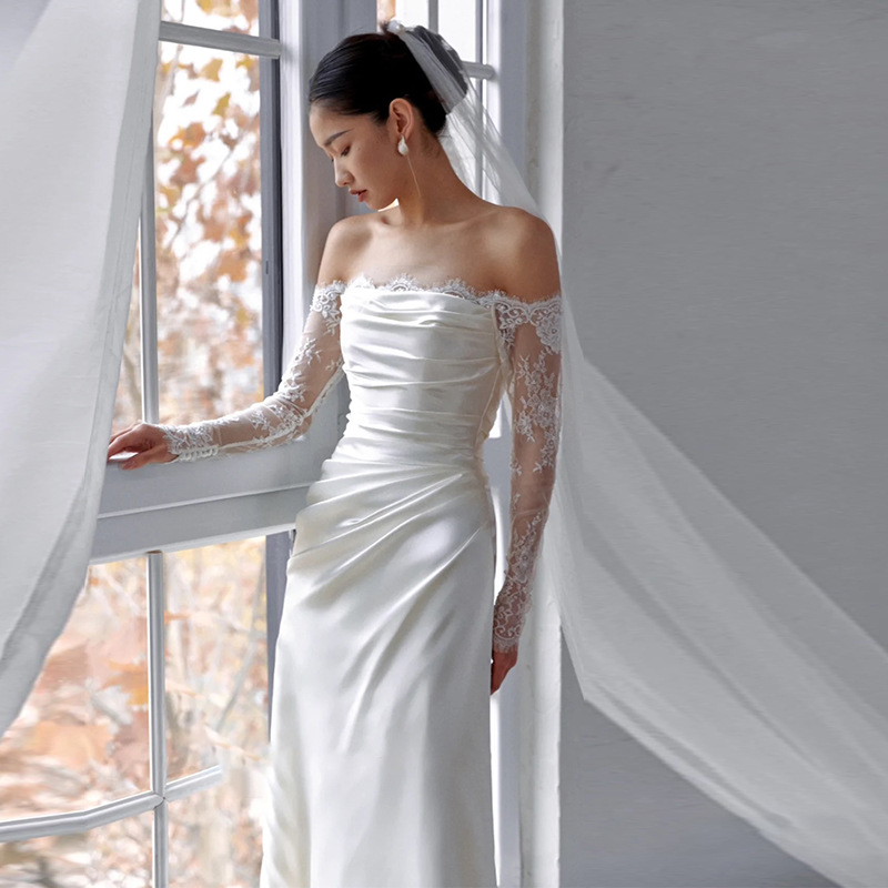 White Satin Off-Shoulder Long Sleeves Wedding Dress