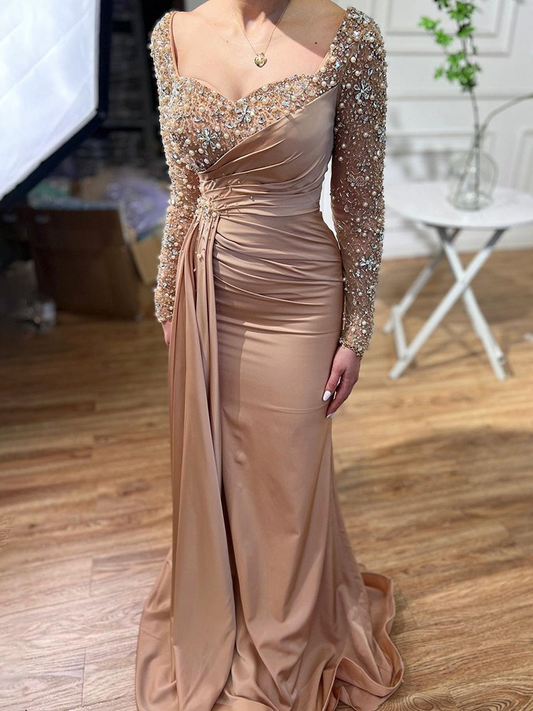 Column Off-The-Shoulder Long Sleeves Satin Prom Dress