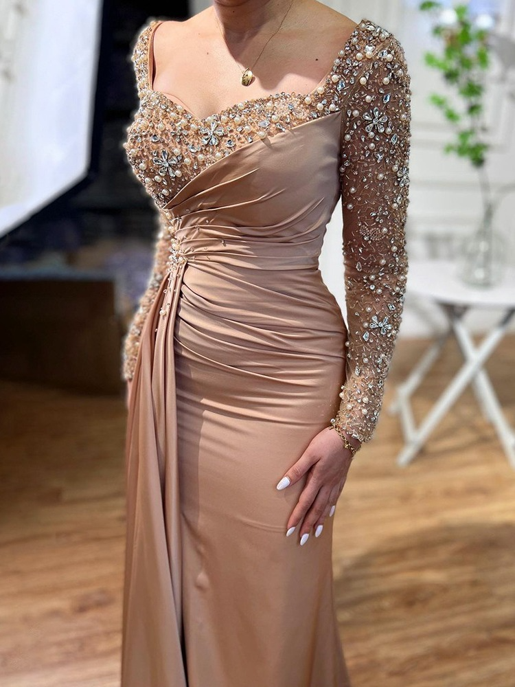 Column Off-The-Shoulder Long Sleeves Satin Prom Dress