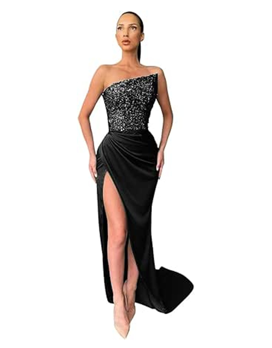 Sequin Off-Shoulder Sleeveless Front Slit Evening Dress