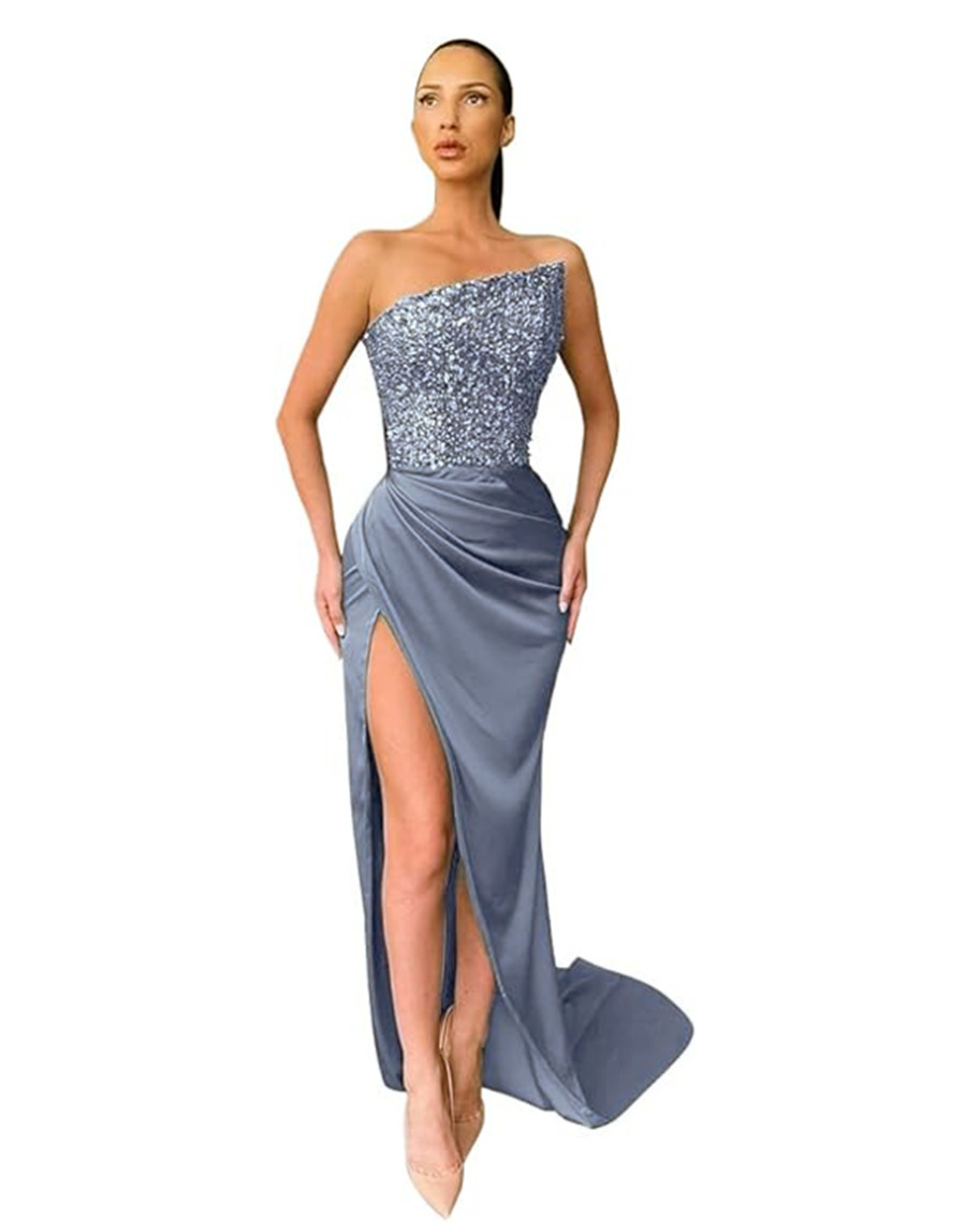 Sequin Off-Shoulder Sleeveless Front Slit Evening Dress