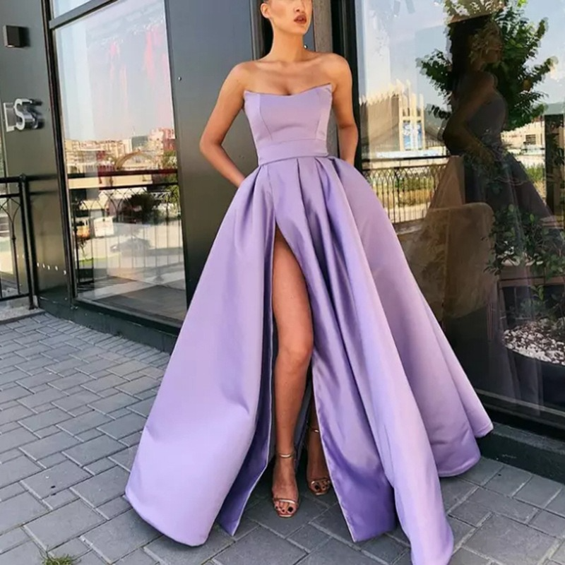 Strapless Sleeveless Satin Floor-Length Prom Dress