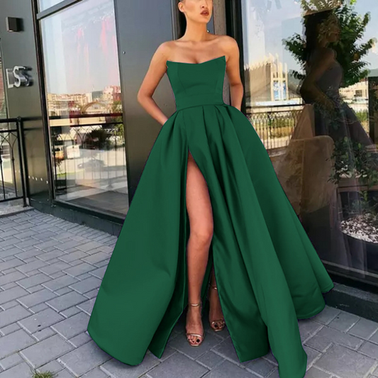 Strapless Sleeveless Satin Floor-Length Prom Dress