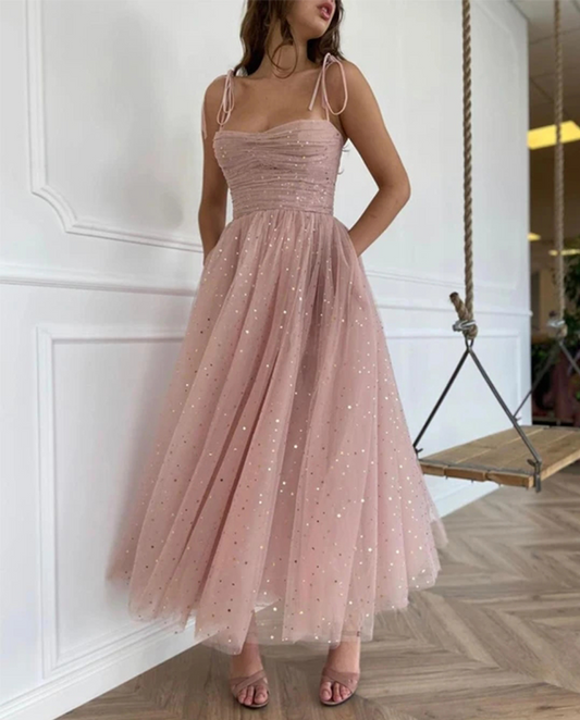 Misty Rose A-line Square Neck Tulle Sleeveless Prom Dress