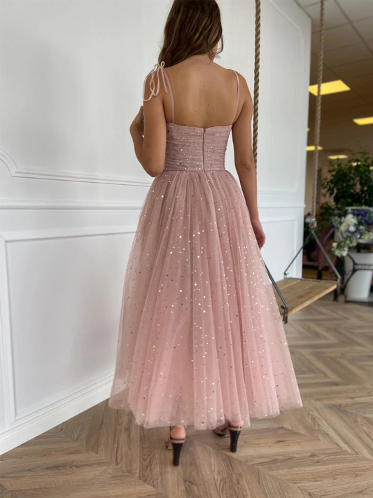 Misty Rose A-line Square Neck Tulle Sleeveless Prom Dress