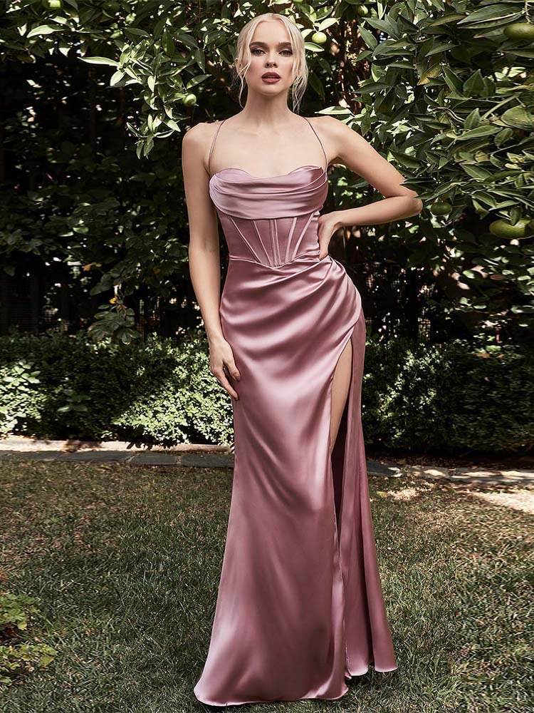 Column Cowl Neck Sleeveless Satin Sweep Train Prom Dress