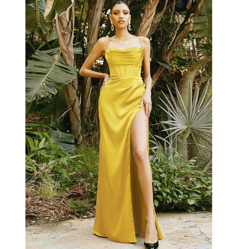 Column Cowl Neck Sleeveless Satin Sweep Train Prom Dress