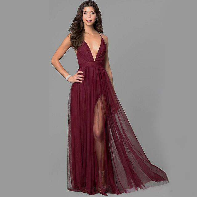 Dark Red A-Line V-Neck Sweep Train Prom Dress