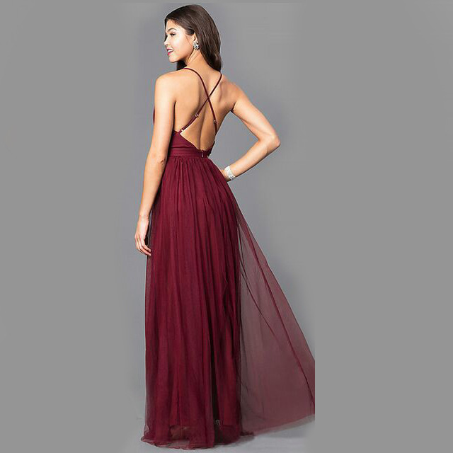 Dark Red A-Line V-Neck Sweep Train Prom Dress