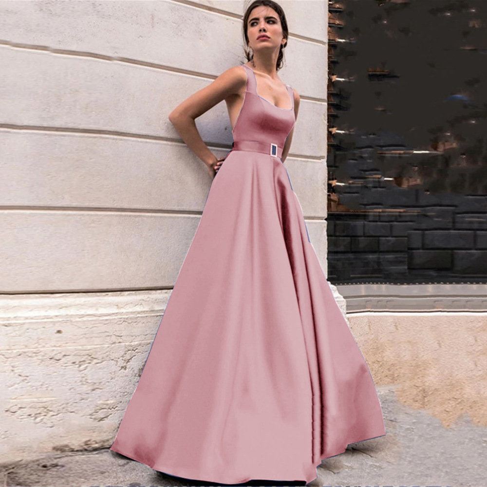 Satin Square Neckline Backless Sleeveless Prom Dress