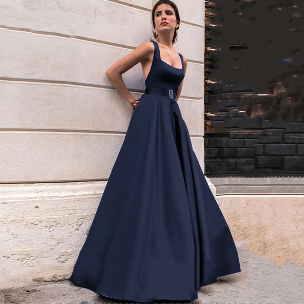 Satin Square Neckline Backless Sleeveless Prom Dress