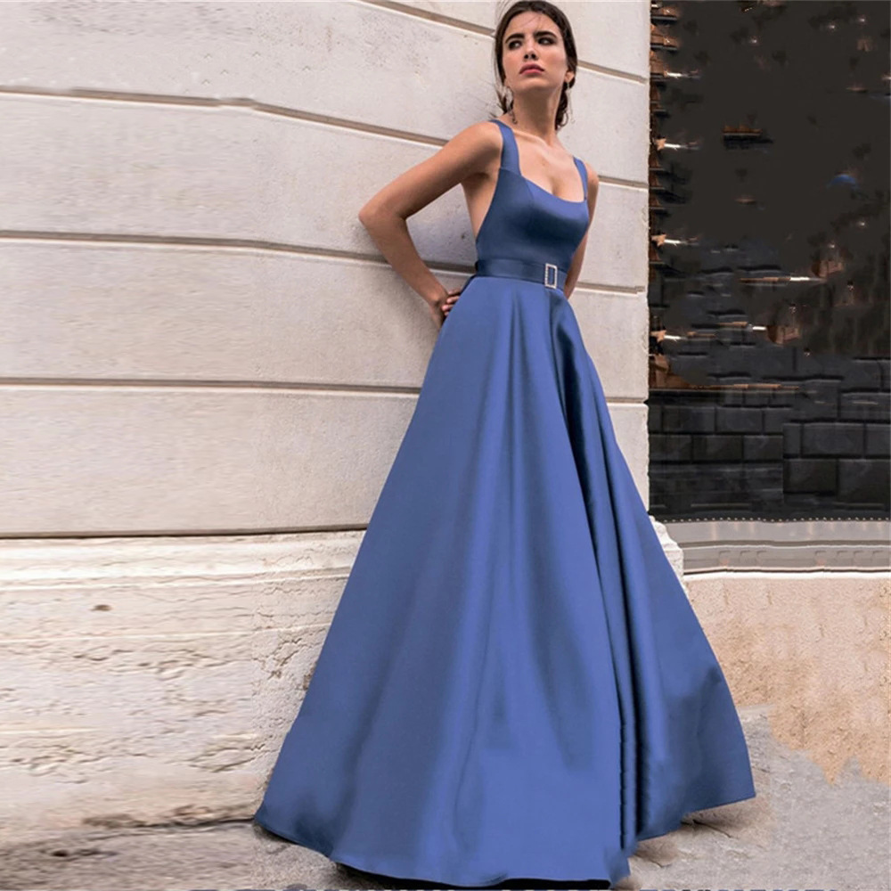 Satin Square Neckline Backless Sleeveless Prom Dress