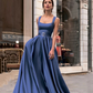 Satin Square Neckline Backless Sleeveless Prom Dress