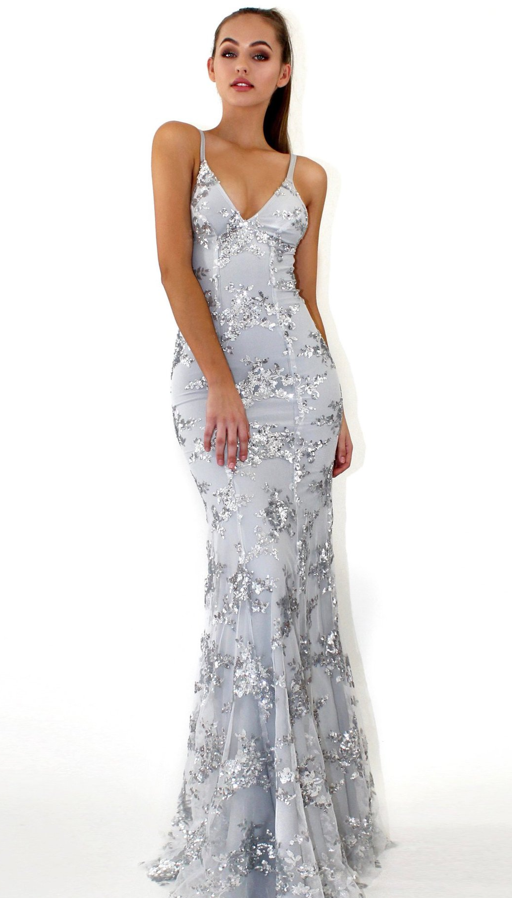 Mermaid V Neck Sleeveless Sweep Train Lace Prom Dress