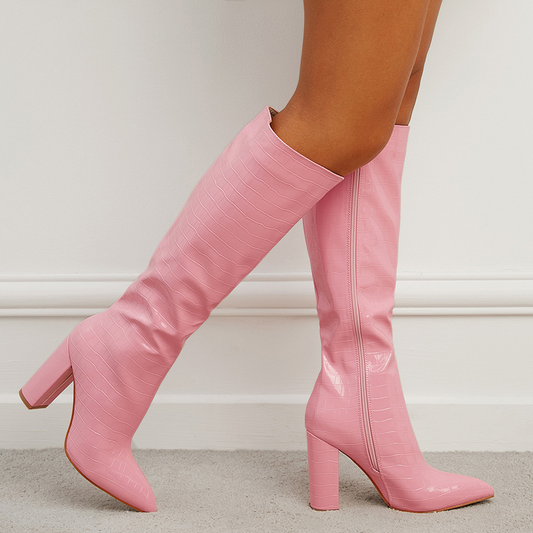 Pointed Toe Thick Heel Knee High Boots