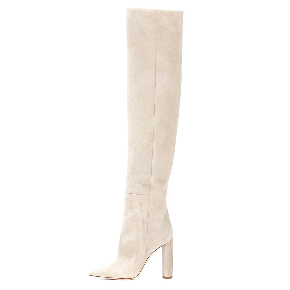 Suede Pointed Toe Chunky Heel Over The Knee Boots