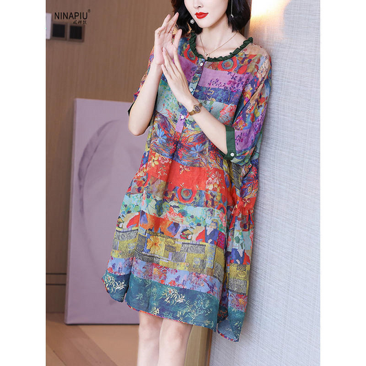 Printed Half Sleeves Button Front Casual Dress