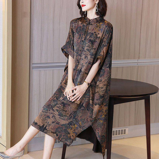 Button Front Printed Collar Half Sleeves Dress