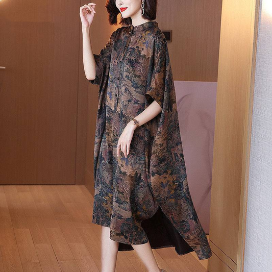 Button Front Printed Collar Half Sleeves Dress