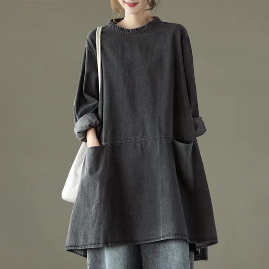 Dim Gray O Neck Denim Long Dress