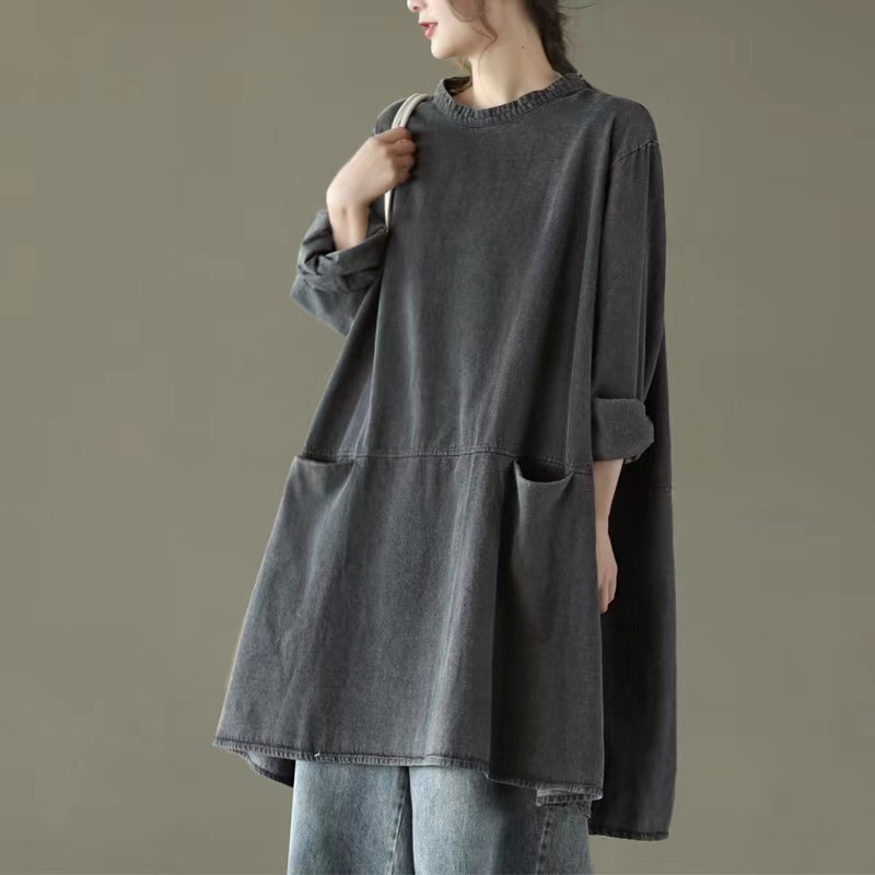 Dim Gray O Neck Denim Long Dress