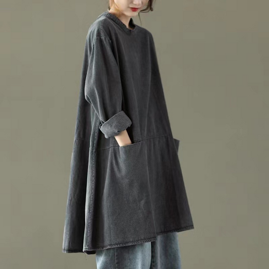 Dim Gray O Neck Denim Long Dress