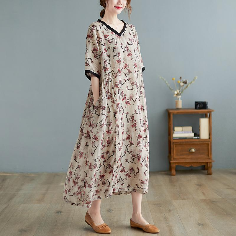 Printed V Neck Short Sleeves Casual Dress