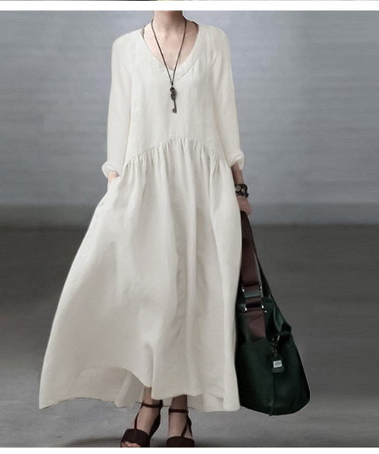 Simple And Loose V Neck Cotton Dress