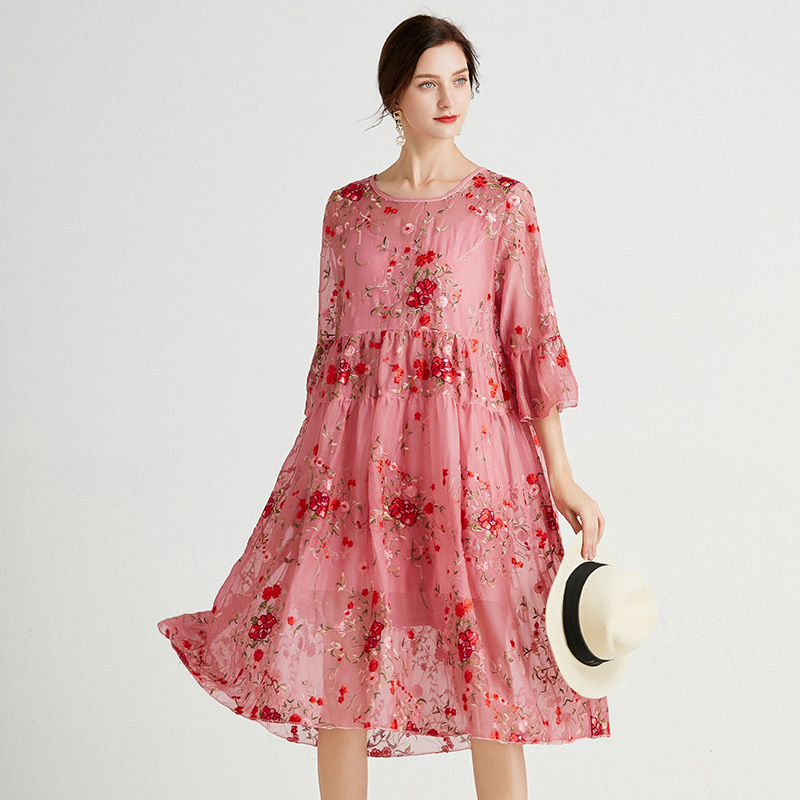 Embroidered Half Sleeves Lace Dress