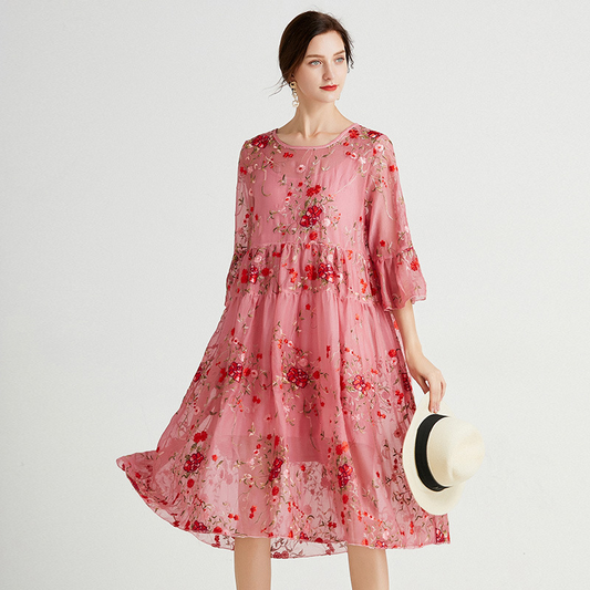 Embroidered Half Sleeves Lace Dress