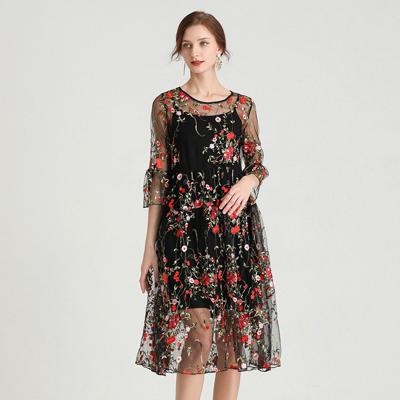 Embroidered Half Sleeves Lace Dress