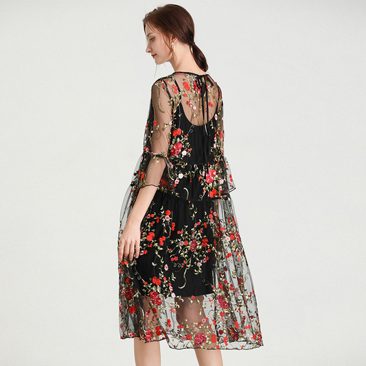 Embroidered Half Sleeves Lace Dress