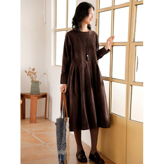 Round Neck Full Sleeves Corduroy Dress