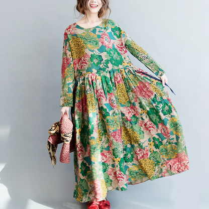 Round Neck Full Sleeves Floral Casual Dress