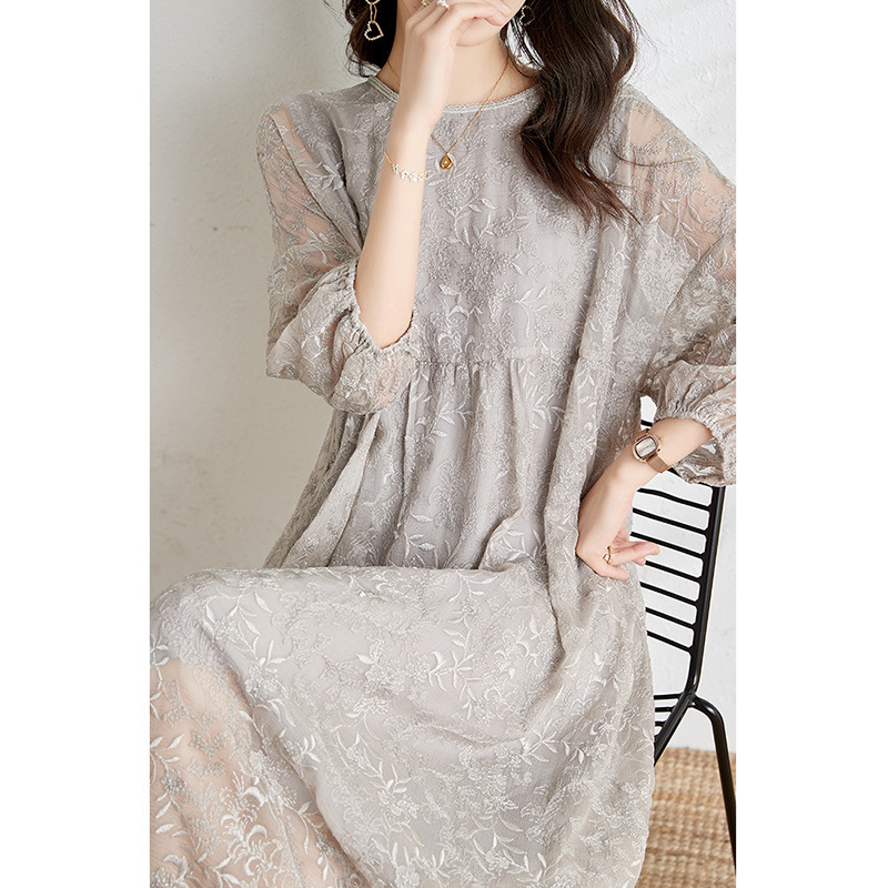 Light Gray Embroidered Long Sleeves Dress